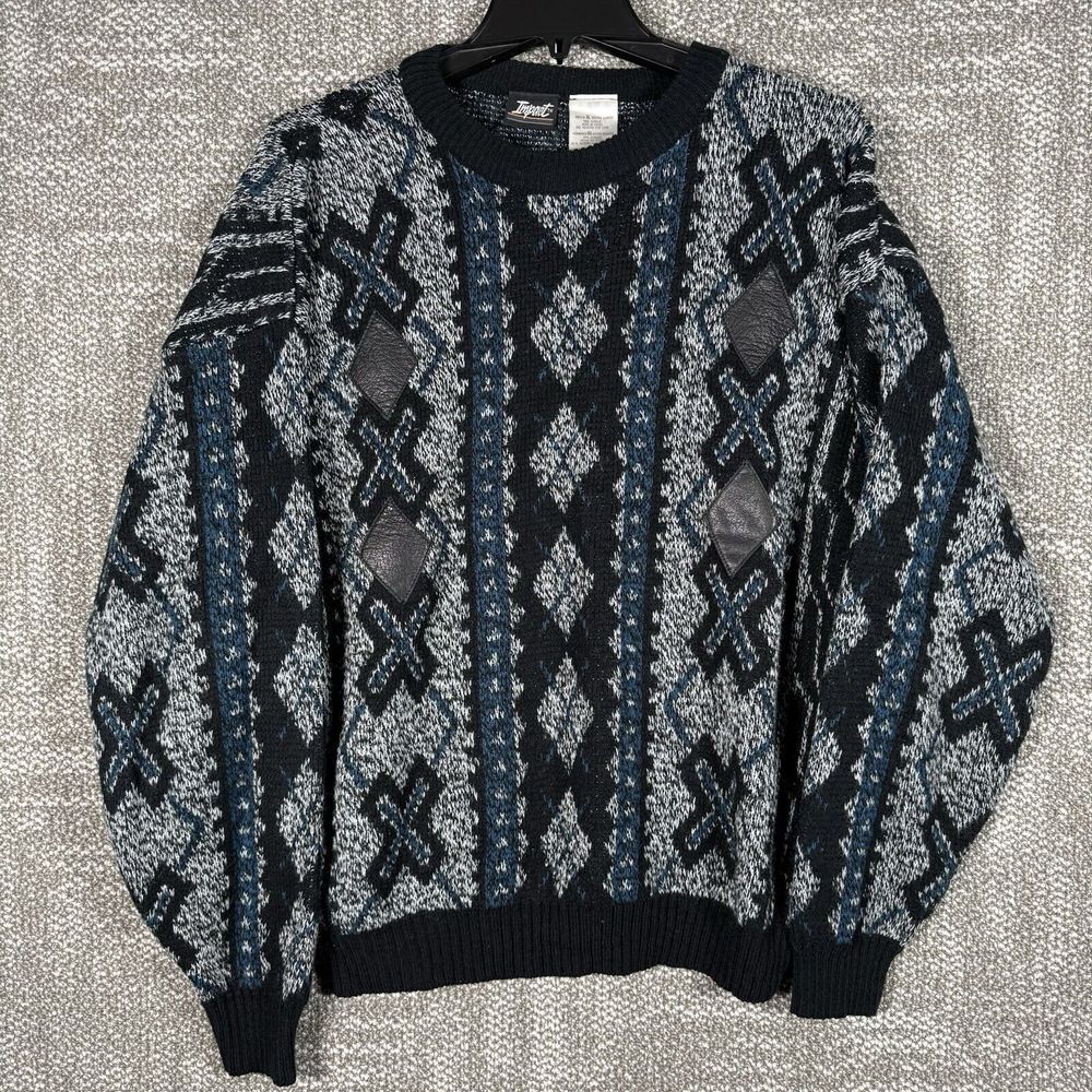 Vintage Geometric Argyle Crewneck Sweater XL Grandpa Y2K 80s‎ Black Blue Impact